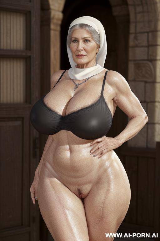 woman is nun, she has a scarf on her head, she is in the centre of the square, ((medieval european city)), ((old city)), next to her is a pony, perfect black pony, ((sexy ultra hot old - #main