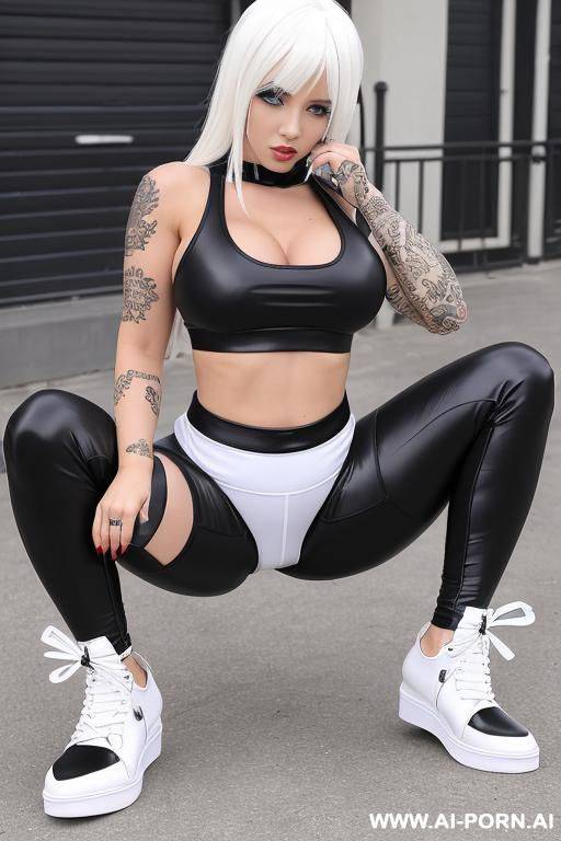 white hair succubus in legging , wearing a sideboob top and legging whith high heels sneaker , tatoo , squatting - #main
