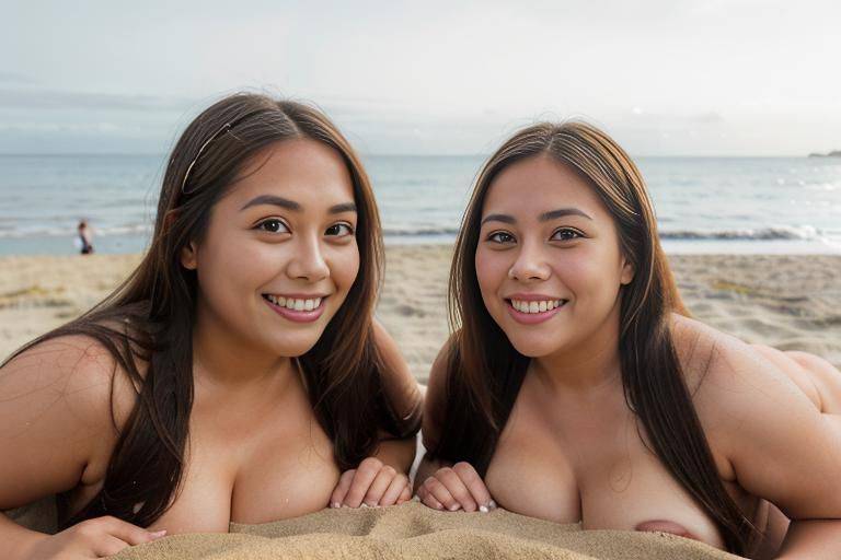 (((twins))), (((very long hair))), ponytail, (((on side))), (((completely naked))), beach festival, summer party, two fat chubby bbw shorty filipina milfs are posing ((on the sand)). they have blonde - #main