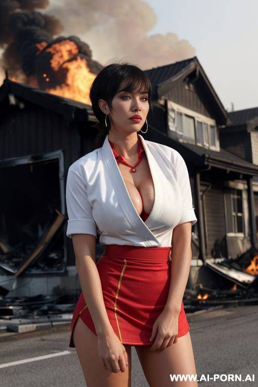 flash pussy, no bra, (((hairy pussy))), (((very long strong voluminous hair))), (((gigantic saggy tits))), (((gigantic teardrop boobs))), unshaved armpits, very thick arms, necklace, red lips, ((full - #main