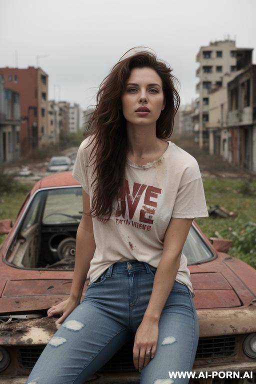 hair: messy waves. clothes : (red old dirty, tight t-shirt) , dirty jeans. sitting in a nice car. au naturel. no make-up. background: (abandoned city) - #main
