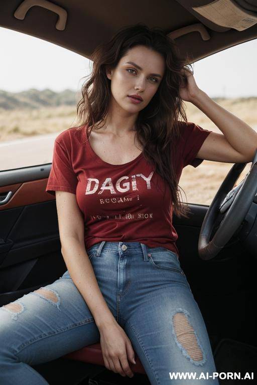 hair: messy waves. clothes : (red ragged dirty, t-shirt that stretches across her chest) , worn jeans. sitting in a car. au naturel. no make-up - #main