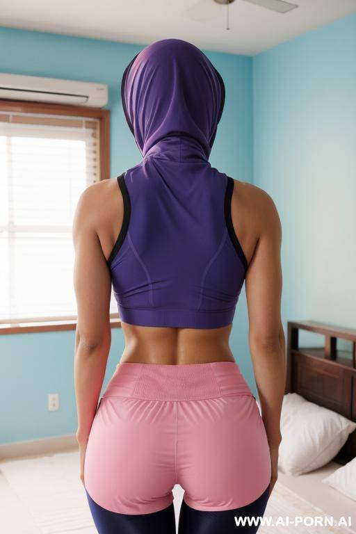 pink hijab, blue yoga shorts, no top, yoga bra, bedroom - #main