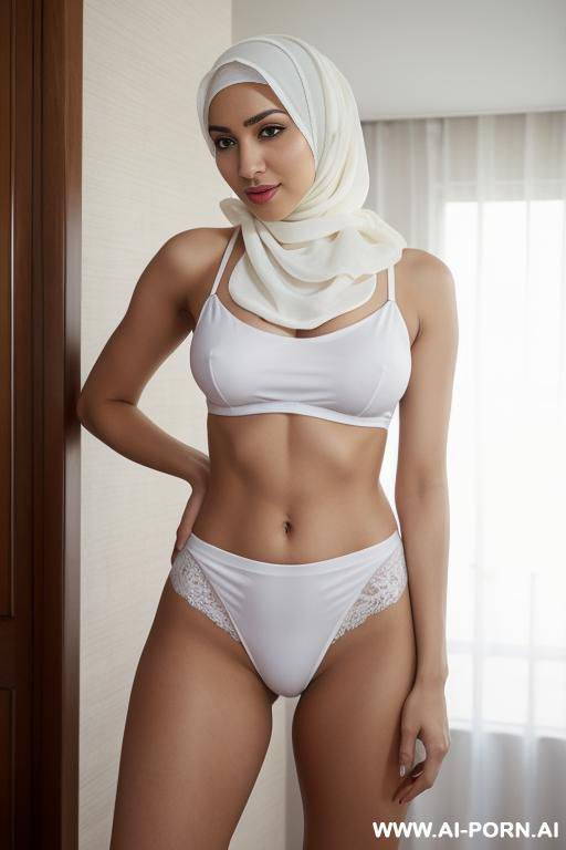 hijab, white panties, white camisole, no bra, no other clothes - #main