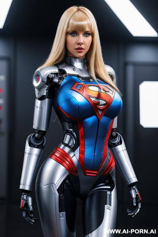 busty robot woman, (fully robotic body, robotic face:1.1), blonde hair with bangs, full body, standing, superwoman, expressive eyes, blue eyes, hands on waist, legs open, front view - #main