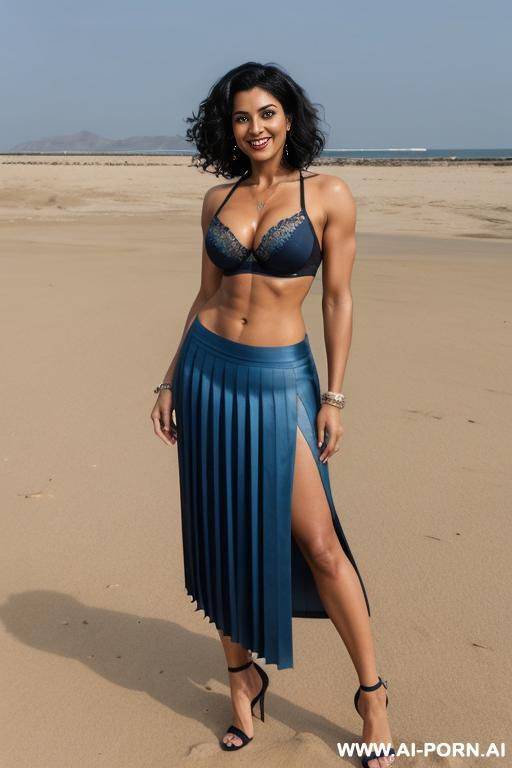 indian, short hair, fit, abs, muscular arms, big ass, tall, long legs, navel piercing, blue bra, blue pleat skirt, looking at camera, full body, stiletto, on sand, mother - #main