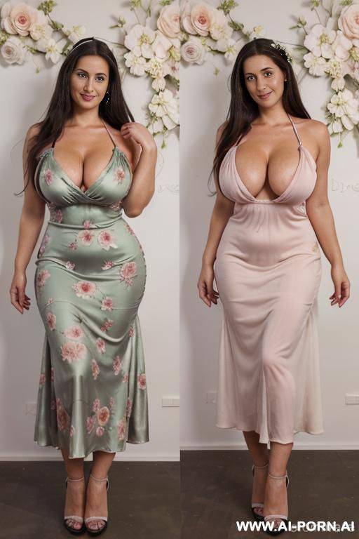 brunette, european, green eyes, very long black toton dress with white and pastel flowers, and dense floral pattern covering almost one hundred percent of the dress, completely random new face, very low cleavage, undressing, same dress on photos - #main