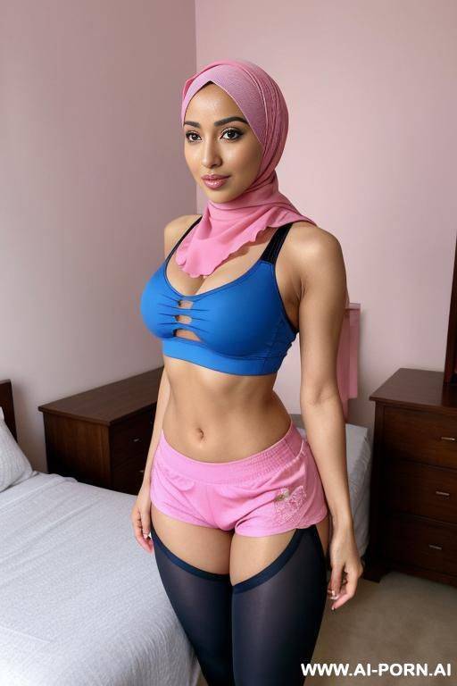 pink hijab, blue yoga shorts, yoga bra, bedroom - #main