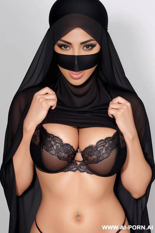 naked tanned arab woman with big breasts, wide hips and pumped abs wearing a black niqab on her head. her face is covered by a niqab - #main