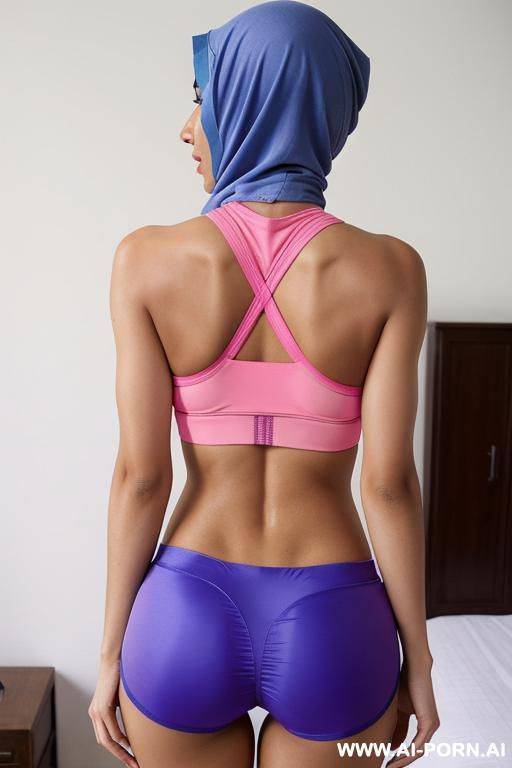 pink hijab, blue spandex shorts, no top, yoga bra, bedroom - #main