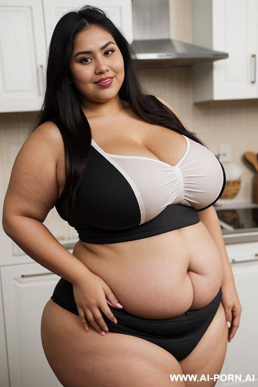 super sized bbw, very wide, 00 pounds, clothed, very rotund, super obese, pear shaped, bbw, massive hips, giant thighs, chubby face and arms, tan, chola, domesticated, homemaker, wearing covering tight apron, big belly - #main