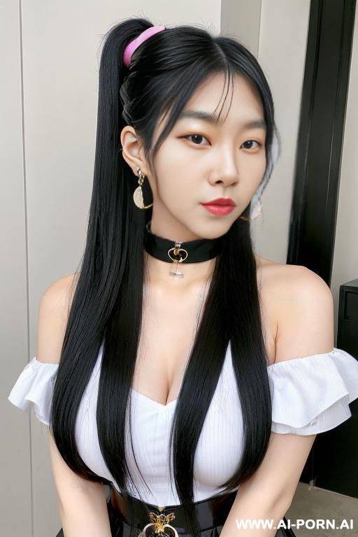 korean idol, k-pop woman, pretty make up, huge saggy breasts, teaperead waist, long black hair, high pony tail hair, (((keep face))), ((keep body)), - #main