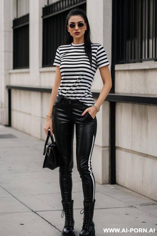 woman, full body, standing, wearing a white and black striped t-shirt, black military pants and combat boots - #main