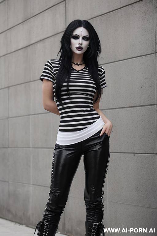 woman, full body, standing, wearing a white and black striped t-shirt, black military pants and combat boots, gothic makeup - #main