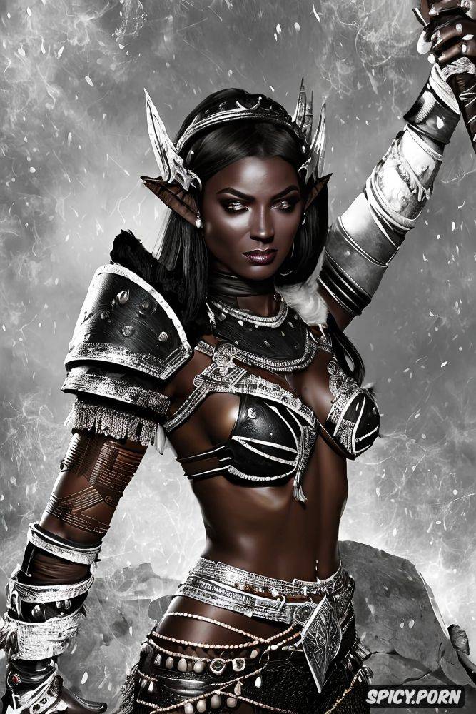 ultra realistic, barbarian queen ebony skin beautiful face milf tight black leather armor and ripped pants tiara tattoos masterpiece - #main