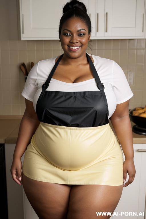 fattest bbw, huge belly, smirk, extremely pear shaped, humongous hips, very oiled up, massive thighs, very dark, wearing tight apron, domesticated , wide, dark skin, making dinner - #main