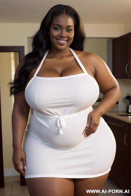 black woman, supermodel face, fattest bbw, huge belly, smirk, tight clothes, extremely pear shaped, humongous hips, very oiled up, massive thighs, very dark, wearing tight apron, domesticated , wide, - #main