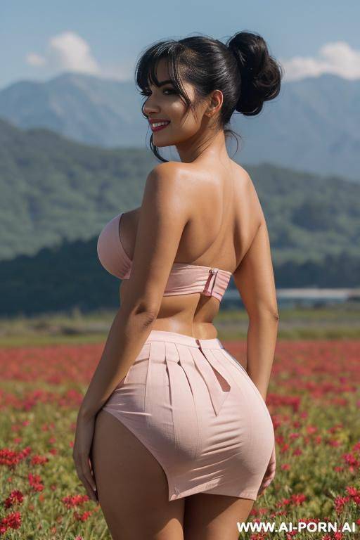 back view closeup, (tall latina curvy), wide shoulders, wide hips, long legs, long torso, visible abs, ((sagging breasts)), round long face, long chin, pointy nose, large lips, long black hair - #main