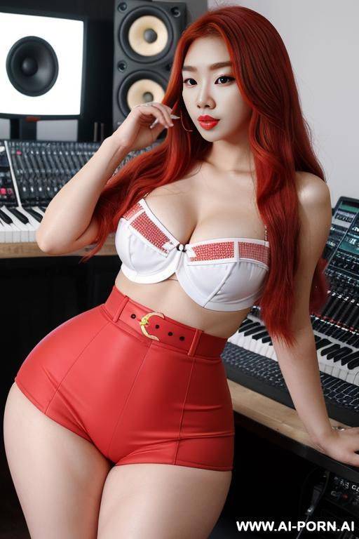 stunning k-pop star, beautiful korean woman, very white skin, large natural breasts, bright red straight hair, wearing sexy k-pop outfit, big brown eyes, pretty plump red lips, sexy make up, - #main