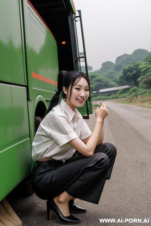 chinese woman 20 years old shirt pleated pants ponytail squatting to ground in undergrowth behind trucks, smile, side-view - #main