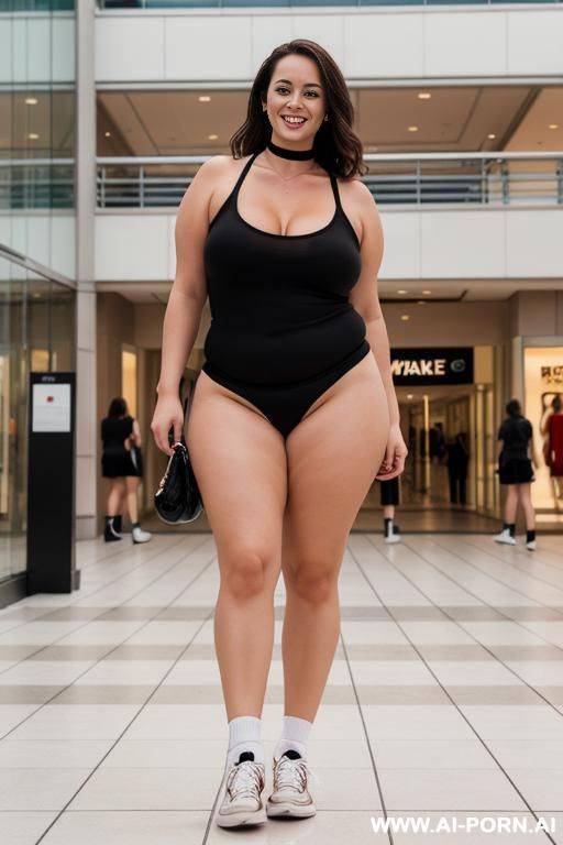 nude curvy 30-year-old standing at mall naked in sneakers, socks, choker with leash attached, brunette, smiling, full body view with sneakers in frame. - #main