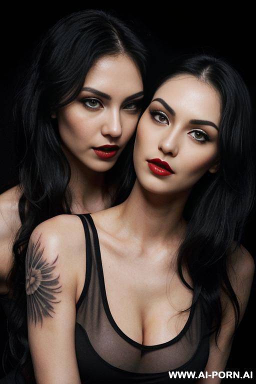 ((2 women)) (long wavy hair) (soft black hair) (makeup) (smokey eyes) (red lips) (ideal facial ratios) (loose fitting white tank top) (see-through top) (athletic body) (large tattoo) (natural boobs) - #main