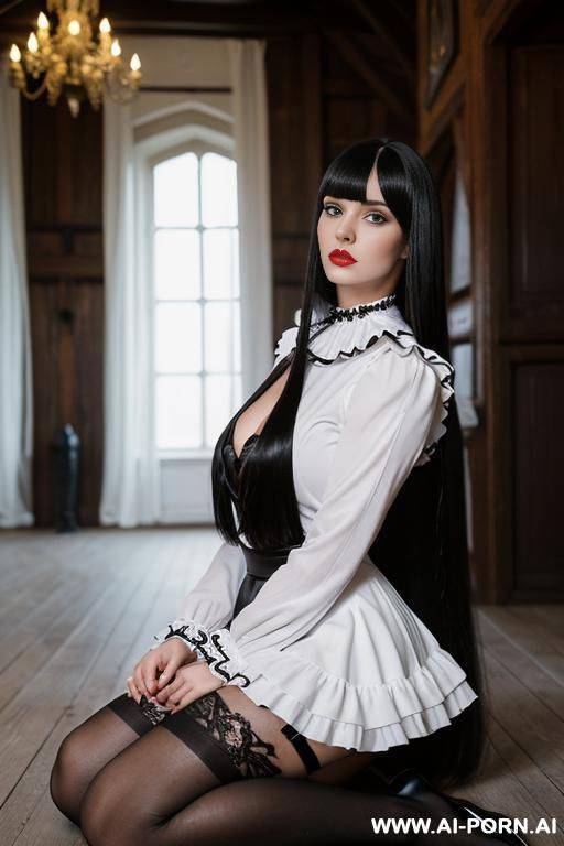 paint a white maskuline man with collar and dress with frills and nylons he kneel on the floor - #main