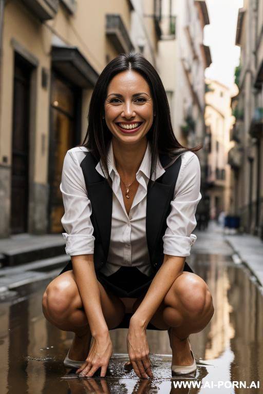 italian, tanned, long hair, blazer, shirt, short skirt, squatting over puddle, legs open, pussy - #main