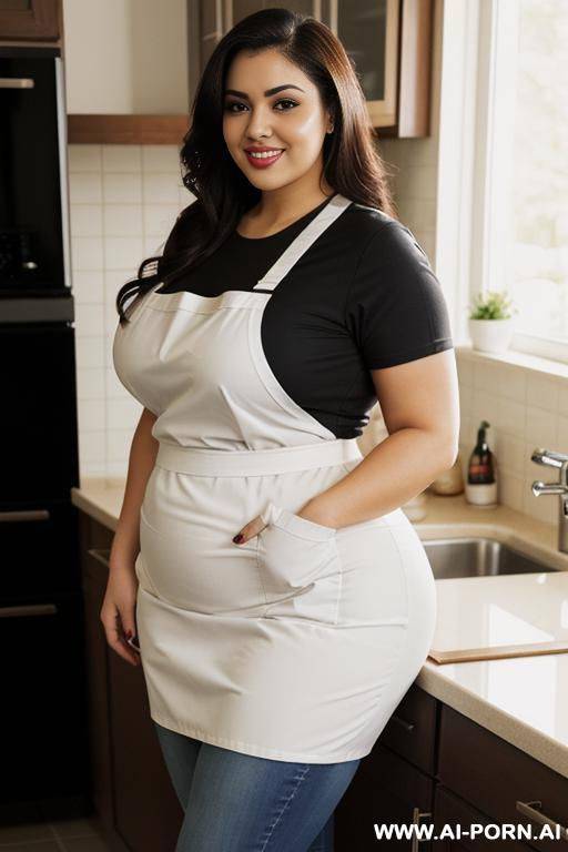 domesticated, housewife, tight apron, beautiful hot mexican, chicana, chola style, super plump, pear shaped bbw, hourglass figure, pretty face, tight clothes, tight shirt, extra thicc, big belly - #main