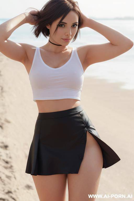 cheerleader skirt,, half opened short t-shirt ,show nipples through clothes, tits size 2. full body view, no bra, show tits, short brunette hair, - #main
