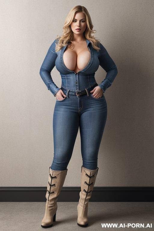 nerdy woman with thick thighs, wide gips, naked tits, jeans, boots, full body photo, photorealism, blonde, standing - #main
