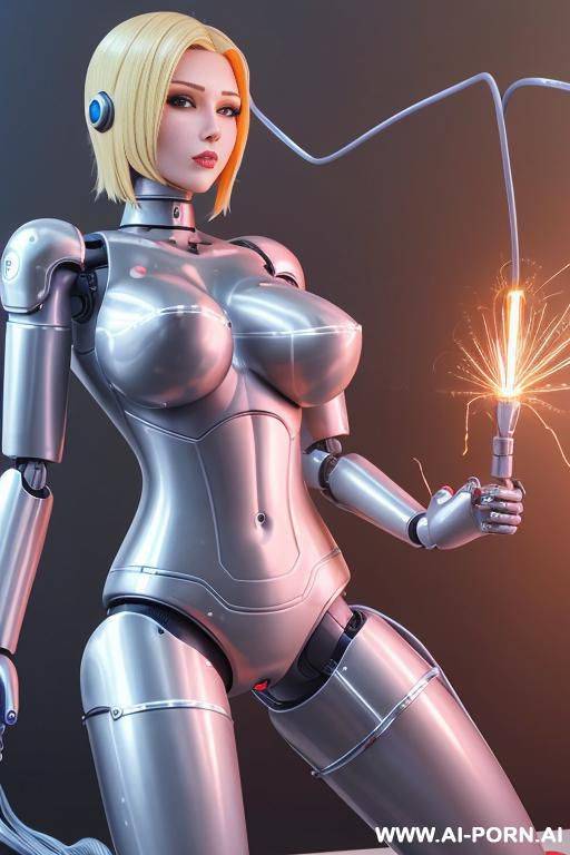 blonde robot, (fully robotic body, huge robotic tits, damaged robotic arm with wires and sparks), full body view - #main