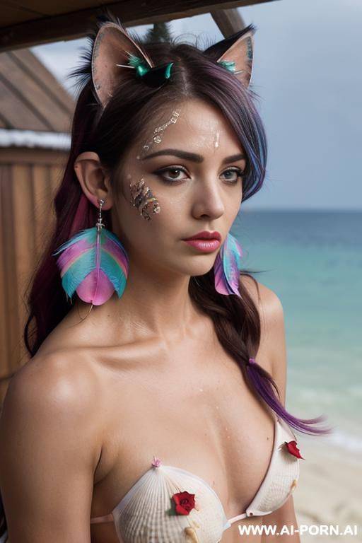 face, sexy, beautiful, ((face painting)), ((bikini as seashell)), ((tattoo roses)), ((eyes shw)), ((angel wings)), ((rainbow hair)), ((long bu hair)), ((wind)), (( cat face)), (( cat ears)), (((feather - #main