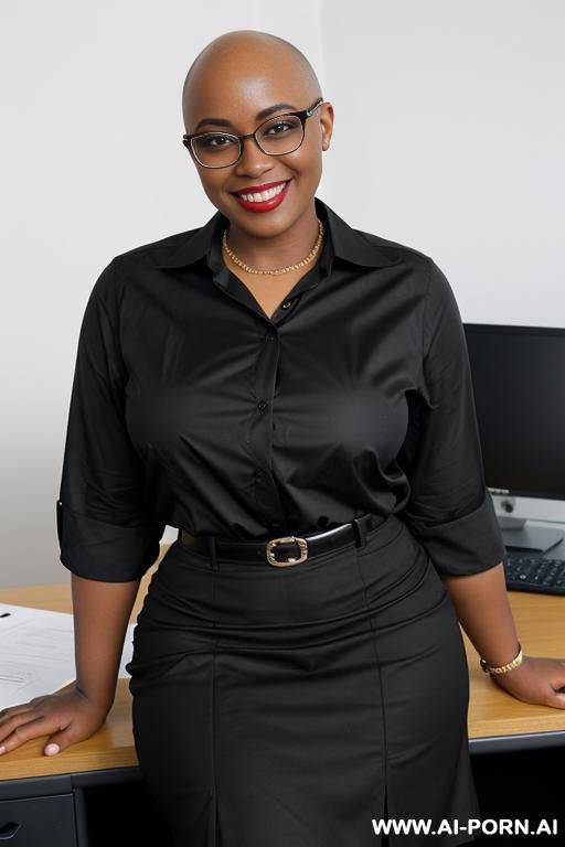 bald, black, glasses, smiling at camera, black blouse, black skirt, sitting on desk in office, dark eyes, thick lips, - #main