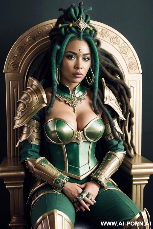 galactic empress, detailed high quality ultra realistic ornate battle armor, green hair, sitting on throne, dreadlocks - #main