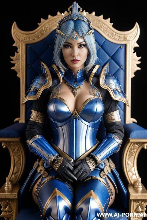 galactic empress, detailed high quality ultra realistic ornate battle armor, blue hair, sitting on throne - #main