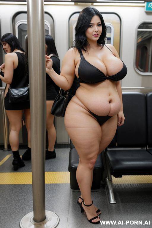 beautiful, natural, japanese, caucasian, 30, perfect face, messy wavy black hair, perfect boobs, slight smile, makeup, eye shw, standing, naked, huge muscled bulked up thighs,, huge muscular obese legs, subway train. - #main