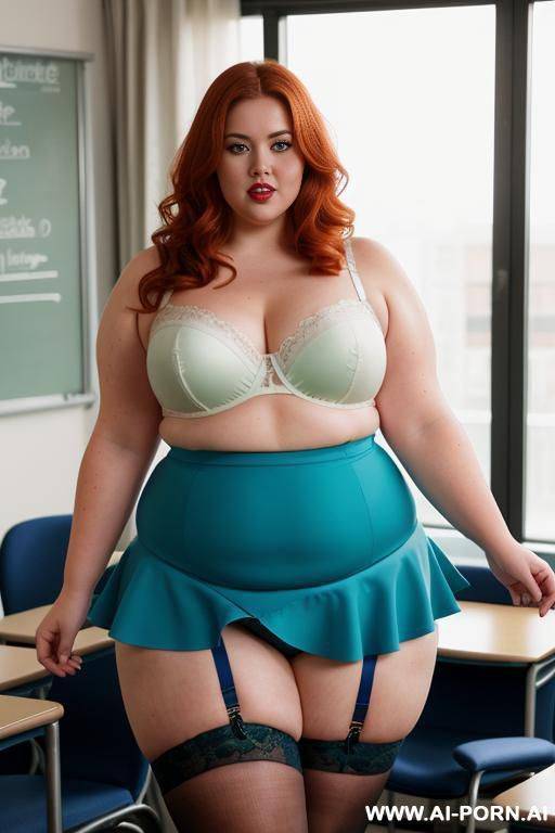 close up full body photo shot, dynamic angle, about at classroom, obese chubby fat bbw curvy teacher, wearing a sexy and hot micro blue ruffle skirt and garter belt top, teaching to the classroom. - #main