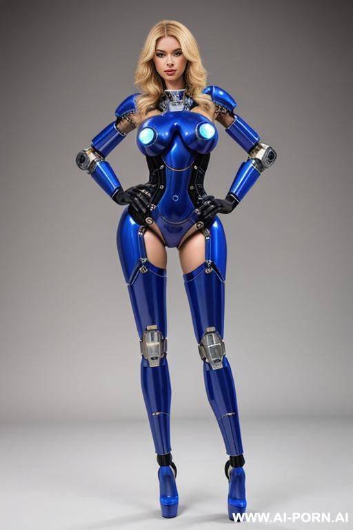 robot, front view, full-body view, standing, hands on hips, looking at the viewer, seductive face, beautiful, blonde hair, blue eyes, wide jaw, (fully robotic body, huge robotic tits:1.1), big - #main