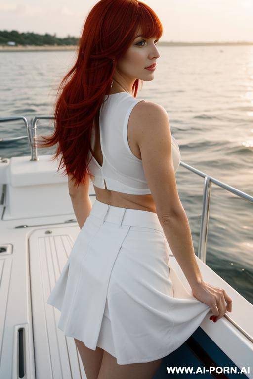 33 yer old woman, red hair, bangs hairstyle, long hair, wearing extreme short nis skirt, white skirt, standing on a sailboat, from behind, sunset, microskirt, - #main