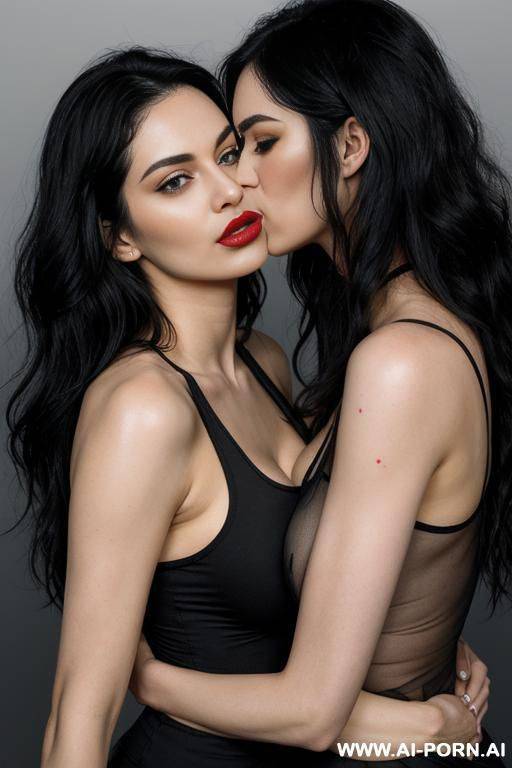 ((2 women kissing and hugging)) ((looking at each other)) (long wavy hair) (soft black hair) (makeup) (smokey eyes) (red lips) (ideal facial ratios) (loose fitting white tank top) (see-through top) - #main