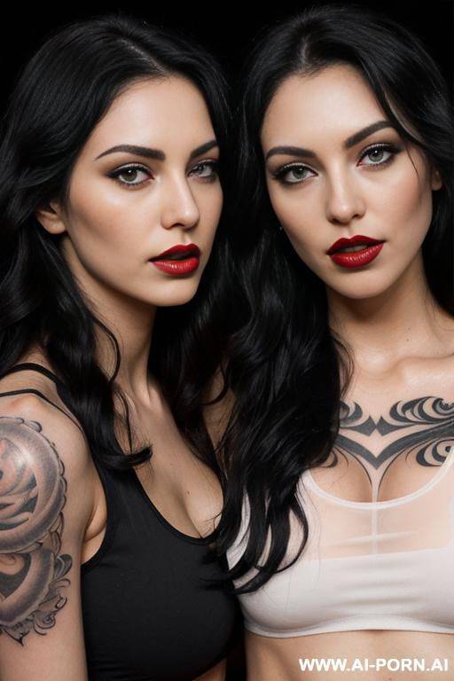 ((2 women kissing and hugging)) (long wavy hair) (soft black hair) (makeup) (smokey eyes) (red lips) (ideal facial ratios) (loose fitting white tank top) (see-through top) (athletic body) (large - #main