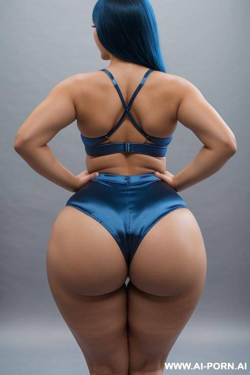 wearing a tight blue silk shorts, view from behind, full body shot, curvy fit body, nice legs - #main