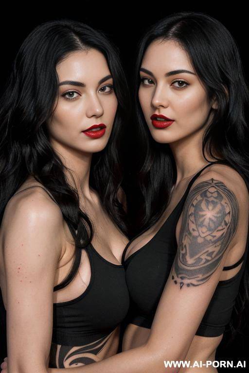((2 women hugging)) ((looking at each other)) (long wavy hair) (soft black hair) (makeup) (red lips) (ideal facial ratios) (loose fitting white tank top) (see-through top) (athletic body) (large - #main