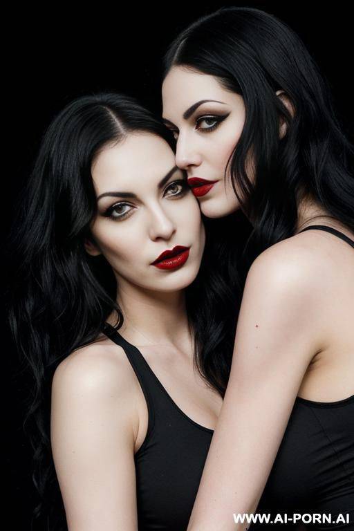 ((2 women hugging)) ((goth woman)) ((looking at each other)) (long wavy hair) (soft black hair) (makeup) (red lips) (ideal facial ratios) (loose fitting white tank top) (see-through top) (athletic - #main