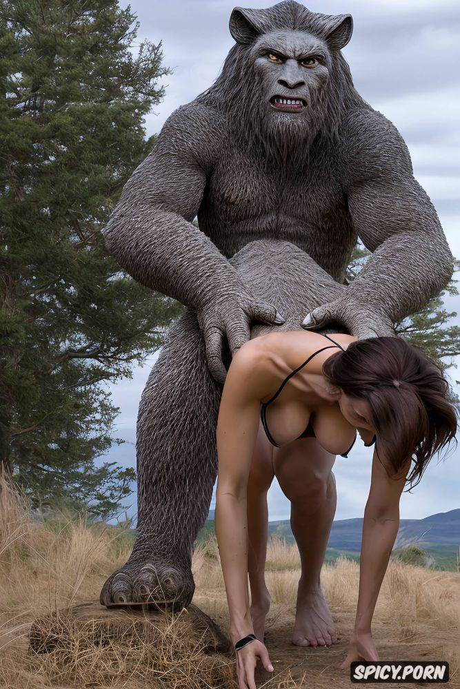 male sasquatch positioned to enter woman from behind, facial seizure from extreme pleasure - #main