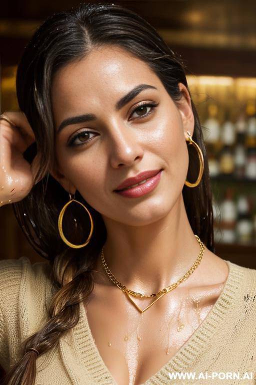 2 arabic woman, laying in a bar, ((joyful)), (gold necklace bracelets and rings, hoop earrings), ((seductive smirk)), eyes contact, brown braided hair, green sweater, ((wet )) - #main