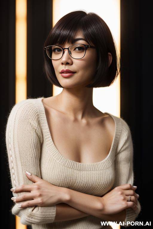 cute asian woman, nerdy, pixie like face, glasses, enormous fake breasts, super tight blouse - #main