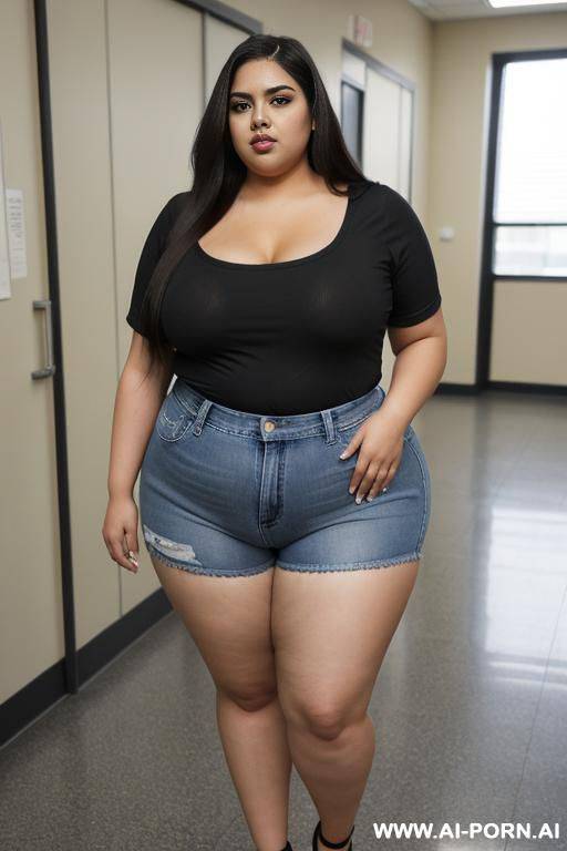 mexican, , pear shaped figure, supermodel, long hair, chola style, blue jean shorts, rotund bbw, massive hips - #main