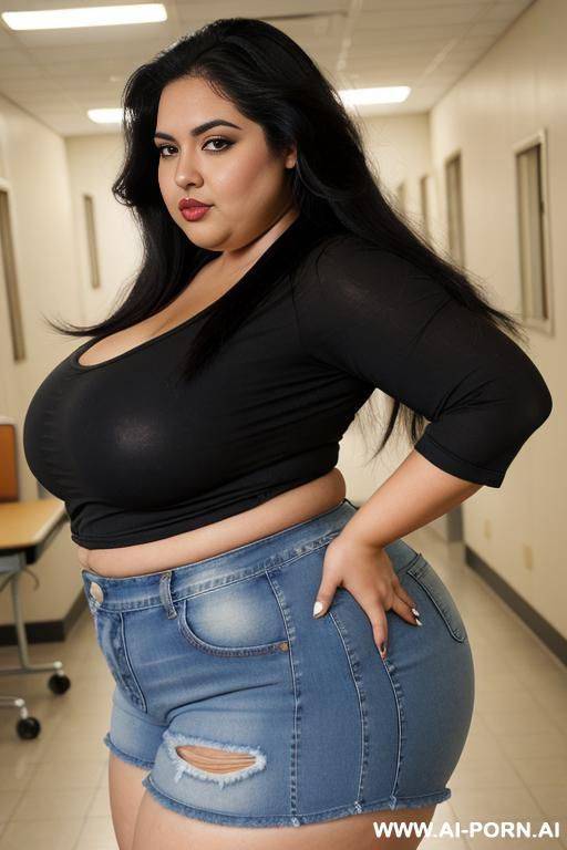 mexican, eating pizza, pear shaped figure, supermodel, long hair, chola style, blue jean shorts, rotund bbw, massive hips - #main